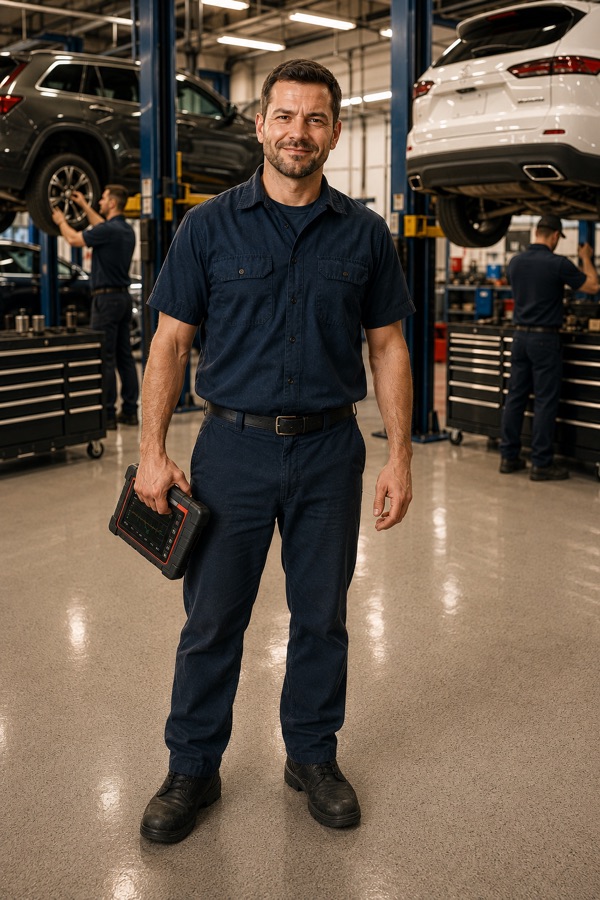 A technician reading a diagnostic scan tool before touching the engine