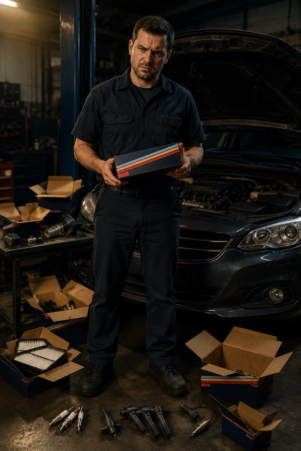 A technician surrounded by parts he has already swapped, with the car still not fixed